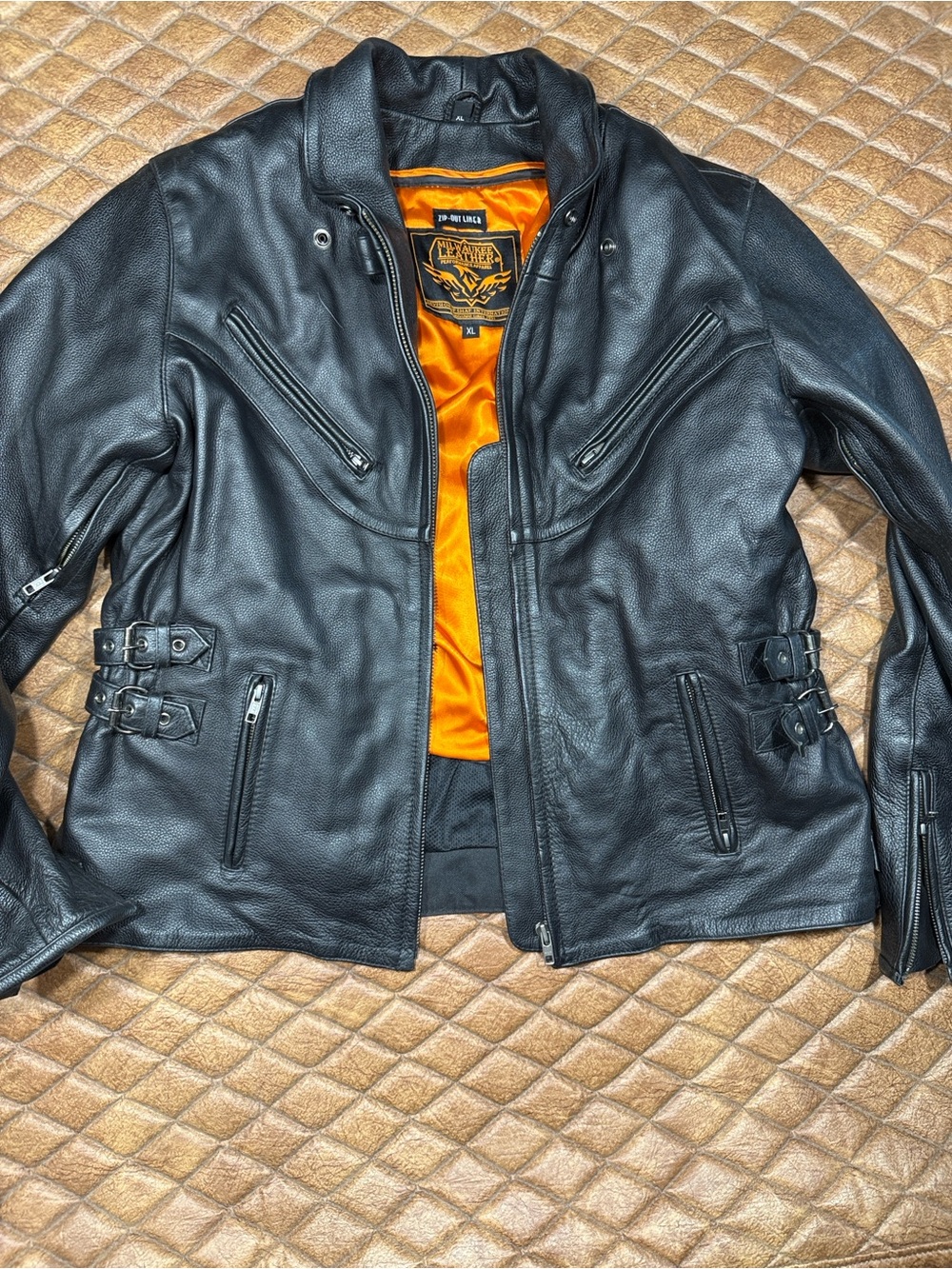 Black Leather Motorcycle Jacket with Orange Lining